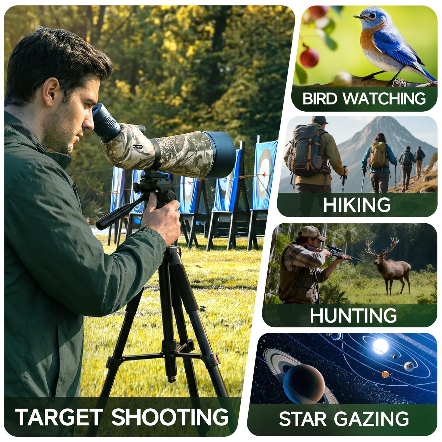 HuntTrek 25-75x100 Spotting Scope with 9 Inches Short Tripod Phone Adapter Carrying Bag Spotter Scope for Target Shooting Bird Watching Wildlife Viewing Camo