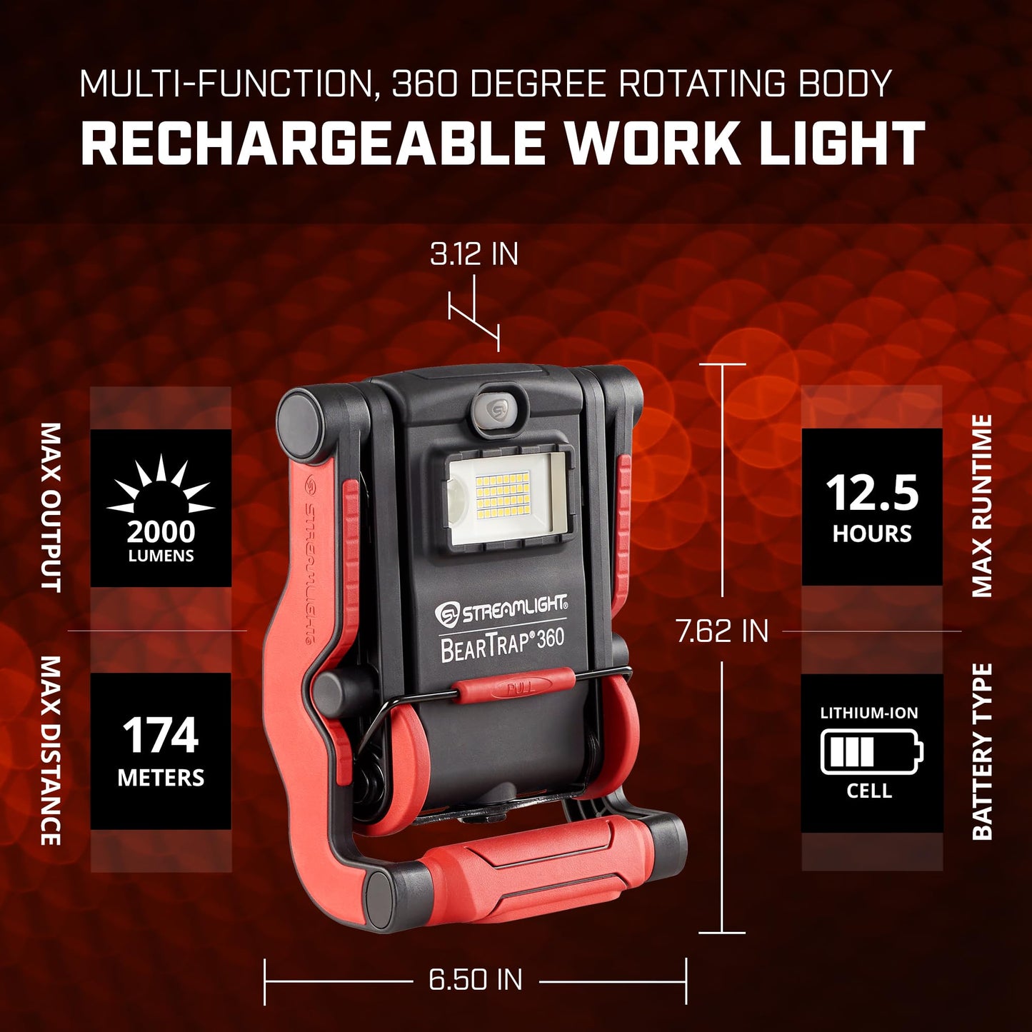 Streamlight 61523 BearTrap 360 2000-Lumen Rechargeable Work Light with Spot and Floods Modes, Rotating Body, and Magnetic Base, Red