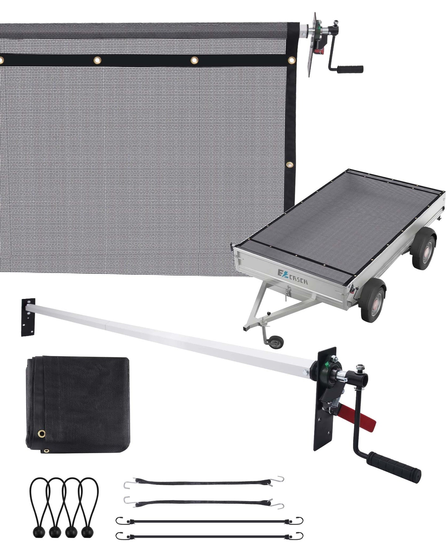 Ezcasch Duty Dump Truck Tarp Roller Kit with 7'x12' Mesh Tarp Hand Crank Tarp Roller Kit Adjustable Width Up to 113'' Aluminum Alloy Rust-Resistant with Complete Accessories for Dump Truck&Trailer