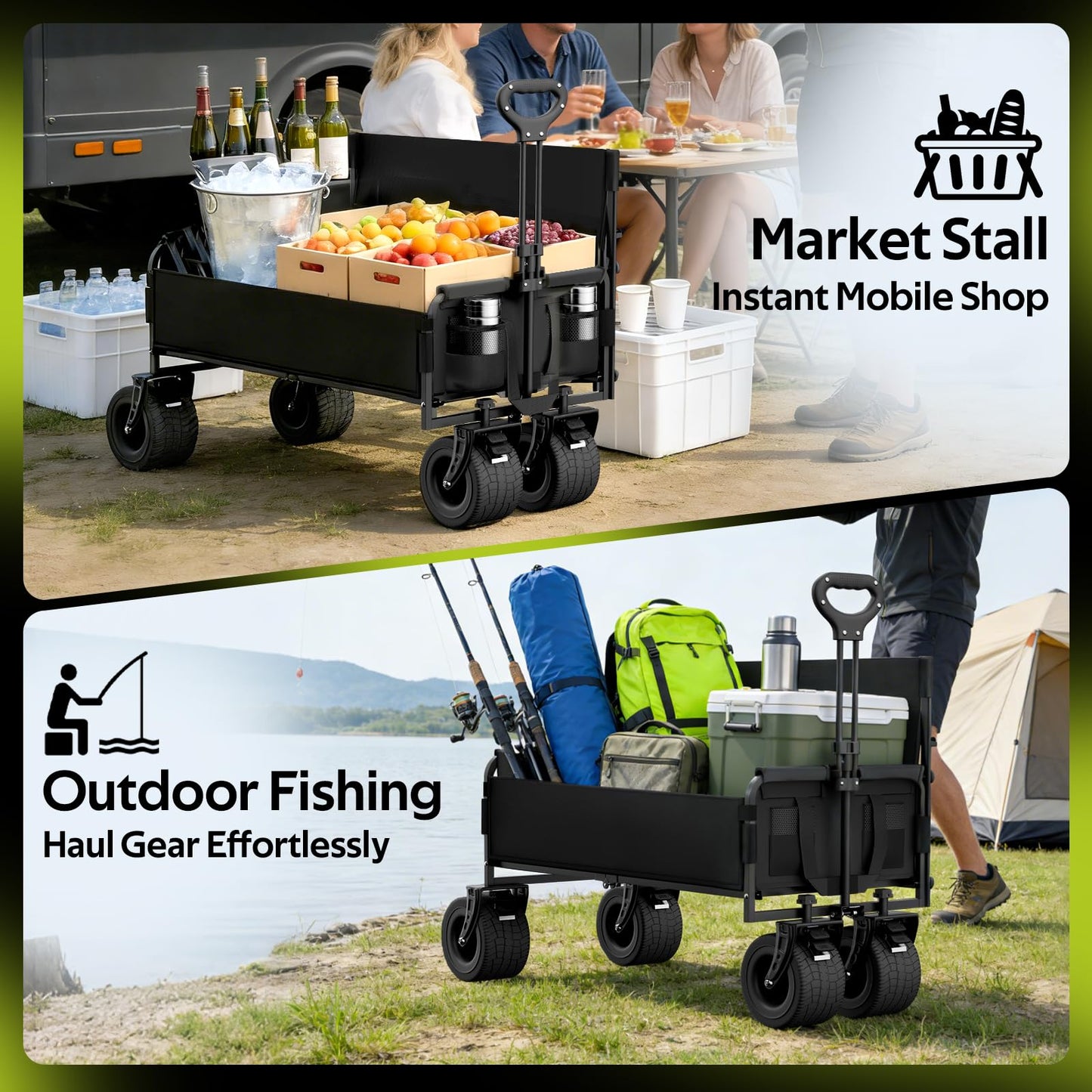 Beach Wagon with Seats, Heavy Duty Wagon Bench Seat Combo with Anti-Collapse Backbar, 2-in-1 Collapsible Lounge Cart for Sand Outdoor Camping, Carbon Steel 500lbs, Black