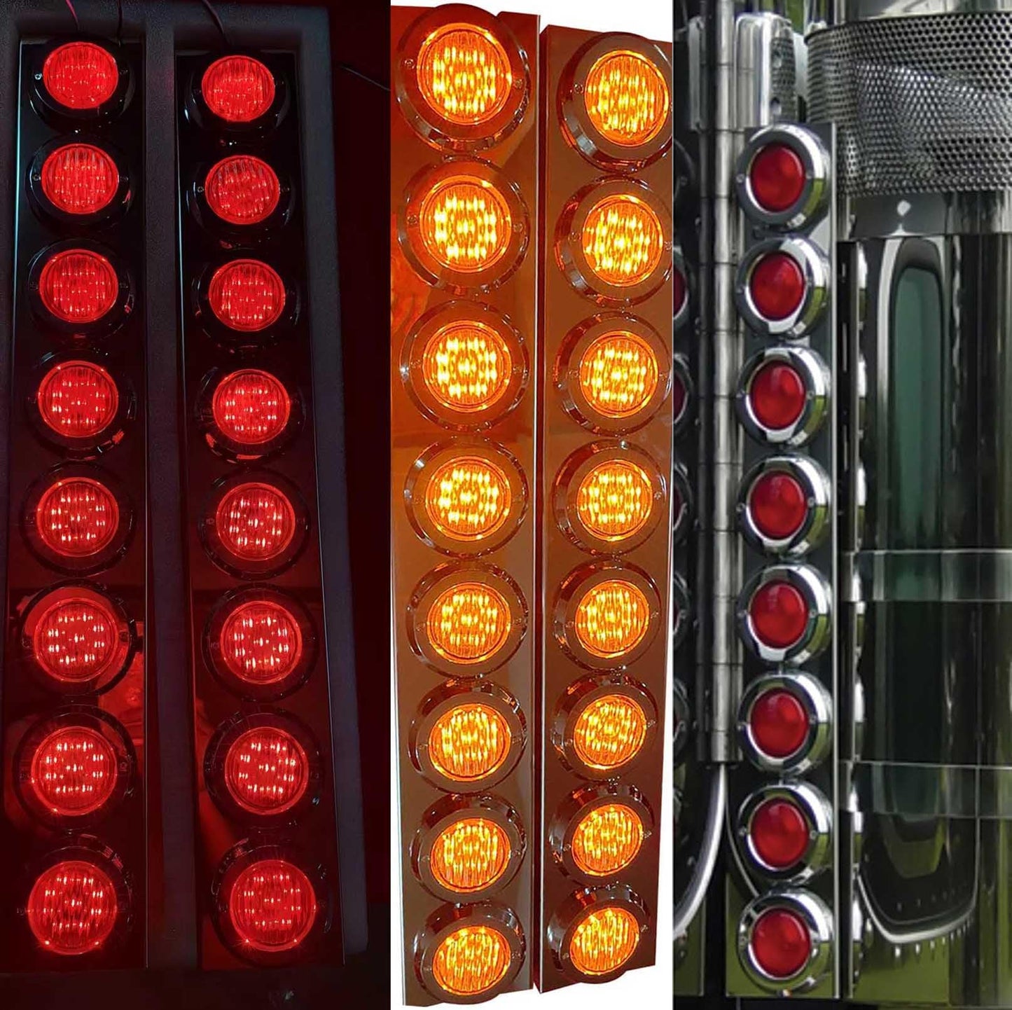 BST BSSP 4PCS Front Air Cleaner Kit 16 Flat Red+Yellow LED Lights & Bezels -For Peterbilt Reflector/Clearance Lens/Marker Light, Stainless Steel