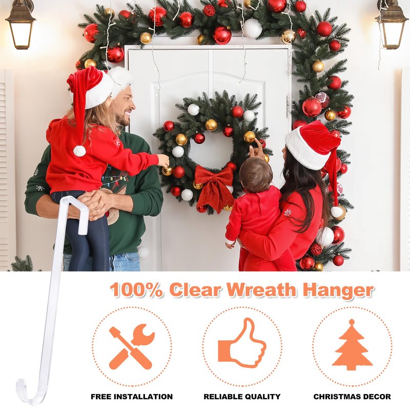 ZYSUN 15" Clear Over The Door Wreath Hanger 2 Pack - Non-Scratch, Heavy Duty 10lb Door Hook for Front Decor, Christmas, Halloween & Year-Round Home Display - Invisible Acrylic Organizer