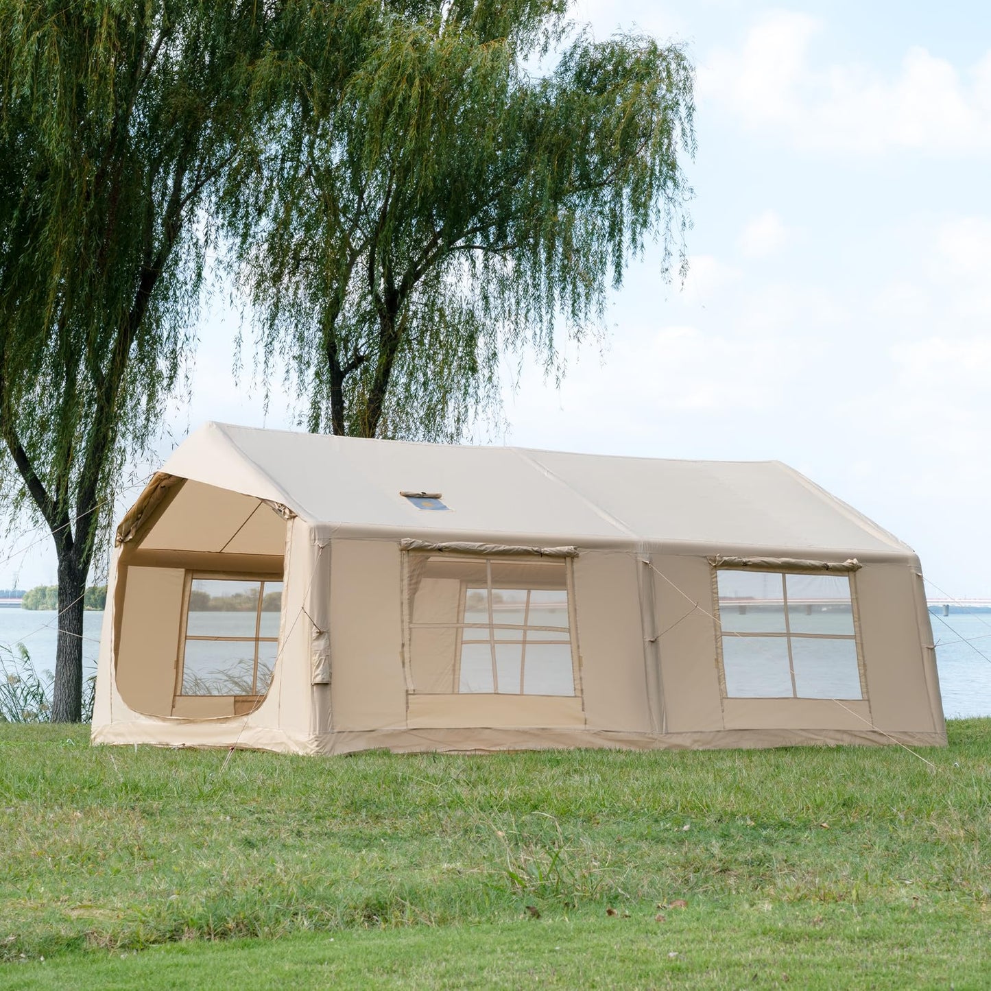 WaldZimmer 17sq Beige Inflatable Camping Tent with Hand Pump Easy Setup Waterproof Windproof Outdoor Blow up Tent 8-12 Person Oxford 4 Season Glamping Air Tents Cabin House with Mesh Windows & Door