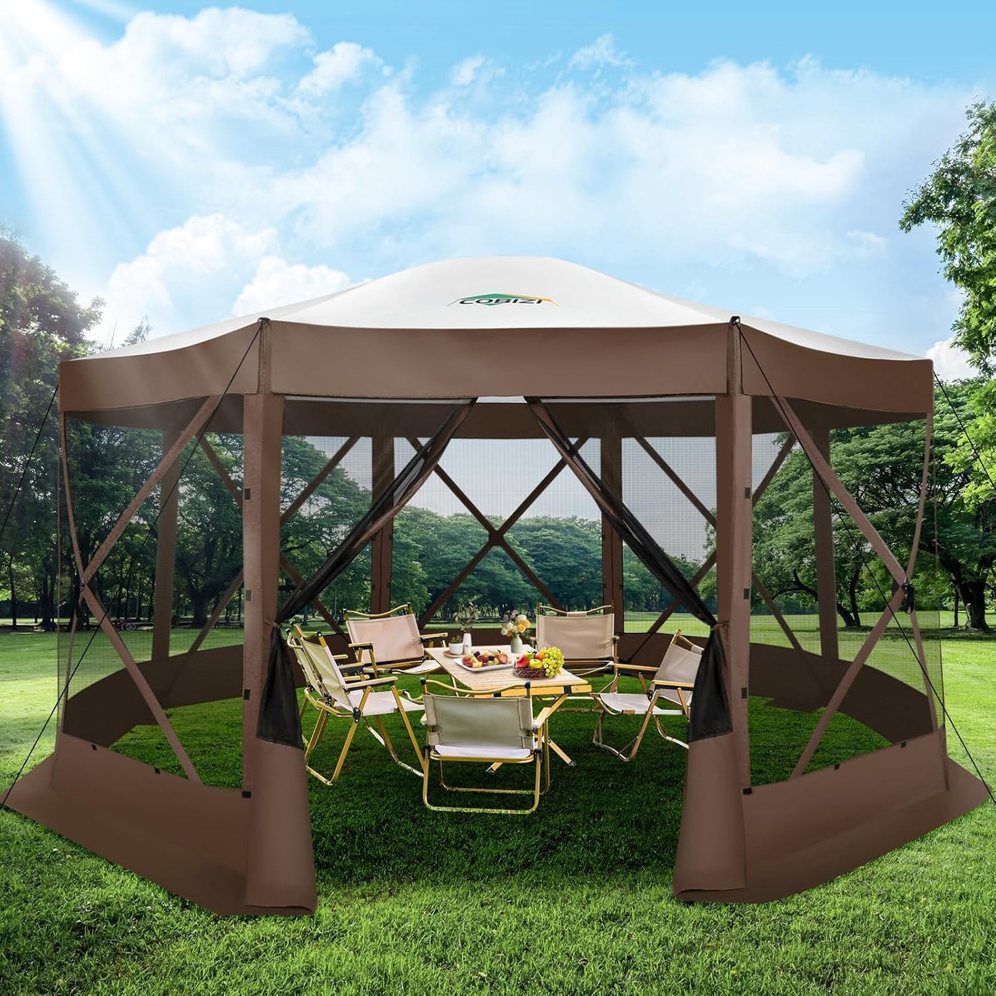 COBIZI Pop Up Gazebo Screen Tent Screen House for Camping, 15x15 Screen Room with Mosquito Netting, Hub Tent Instant Screened Canopy with Carrying Bag and Ground Stakes, Brown