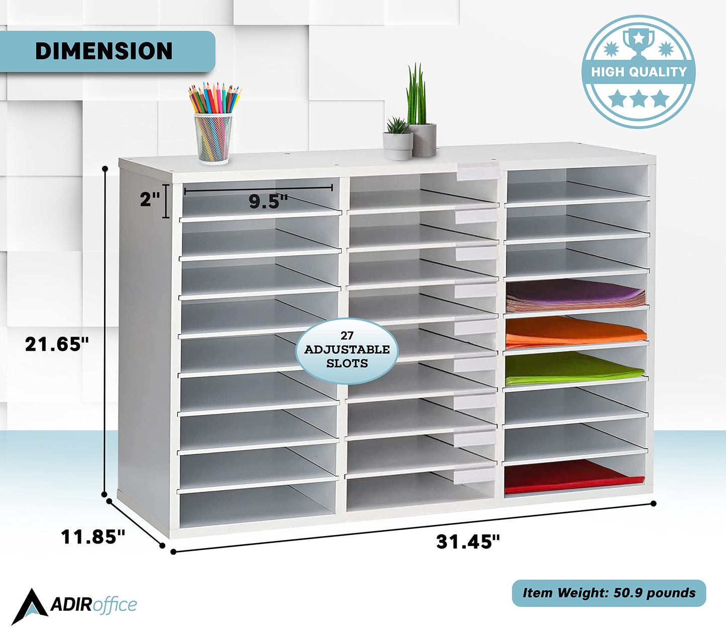 AdirOffice Classroom Mailbox - Wooden Literature Organizer, Construction Paper Storage Organizer, Mail Sorter with Slots, Office Mailboxes with Removable Shelf (27 Slot, White)