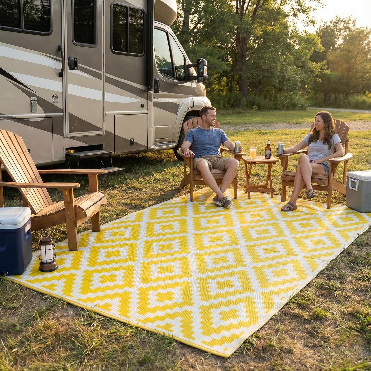 FH Home Outdoor Camping Rug - Waterproof, Fade Resistant, Reversible - Premium Recycled Plastic - Geometric - Large Patio, Deck, Sunroom, RV - Aztec - Yellow & White - 9 x 18 ft Foldable