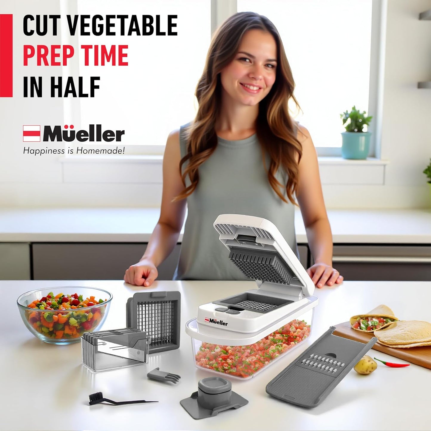 Mueller Vegetable Chopper - 10-in-1 Mandoline Slicer with 8 Blades & Container for Effortless Food Prep