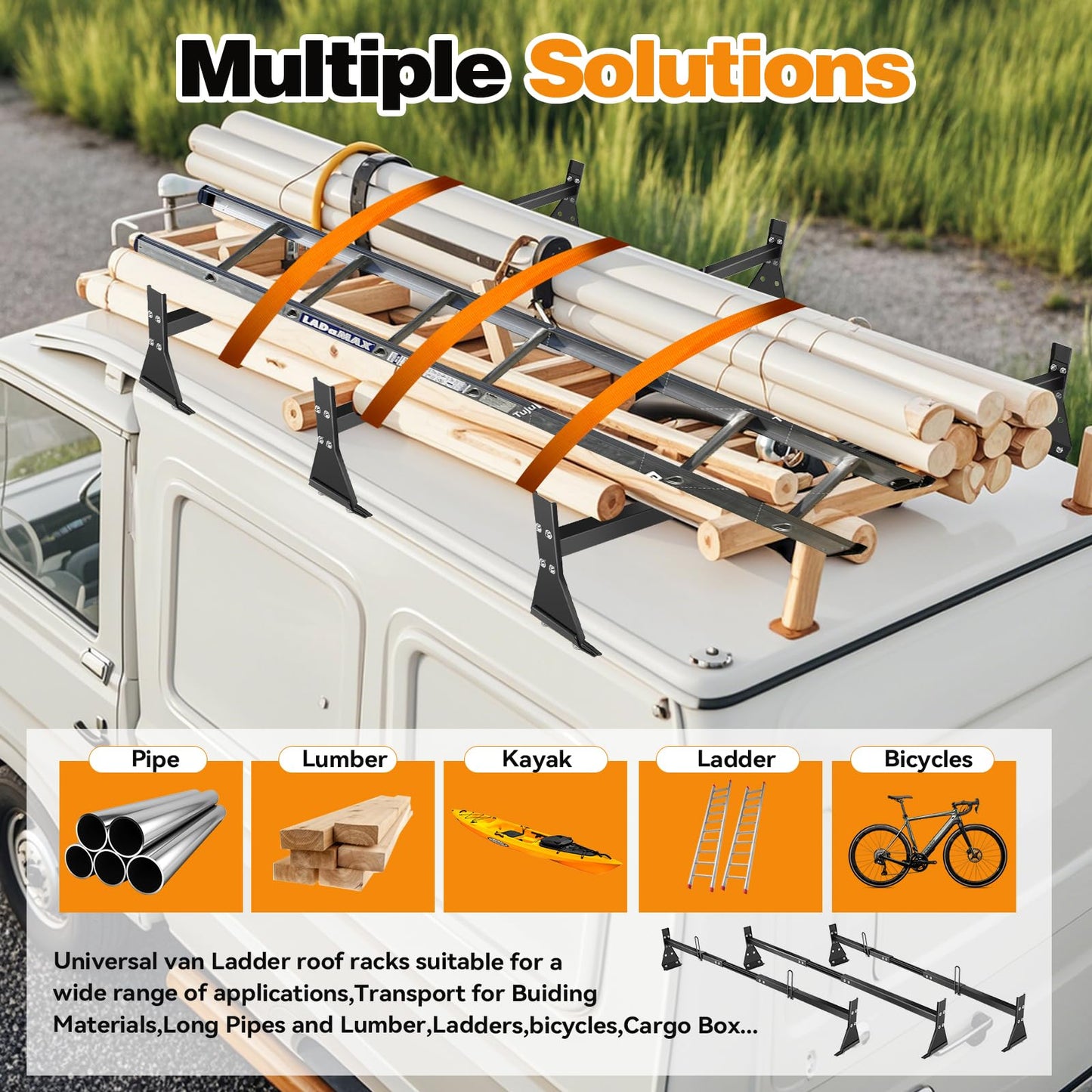 Colinktool Adjustable Van Ladder Roof Racks, Universal Roof Ladder Rack, Fit Chevy Express Fullsize Van 1996-Up,Suitable for Vans with Rain Gutter-3Pack Load Capatity 800LBs