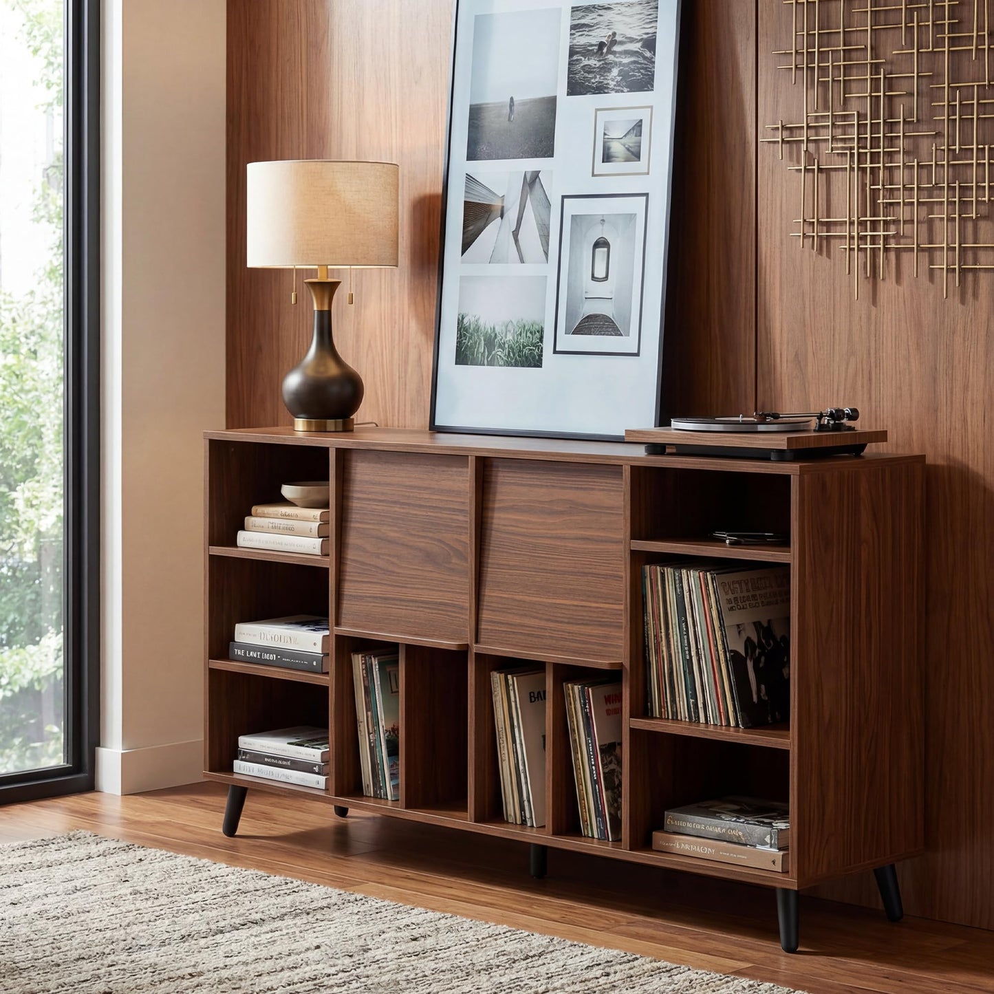 IRONCK Large Record Player Stand 55", Holds 600+ Vinyl Record Storage Cabinet with Charging Station, Mid Century Modern Turntable Stand for Living Room, Bedroom, Brown