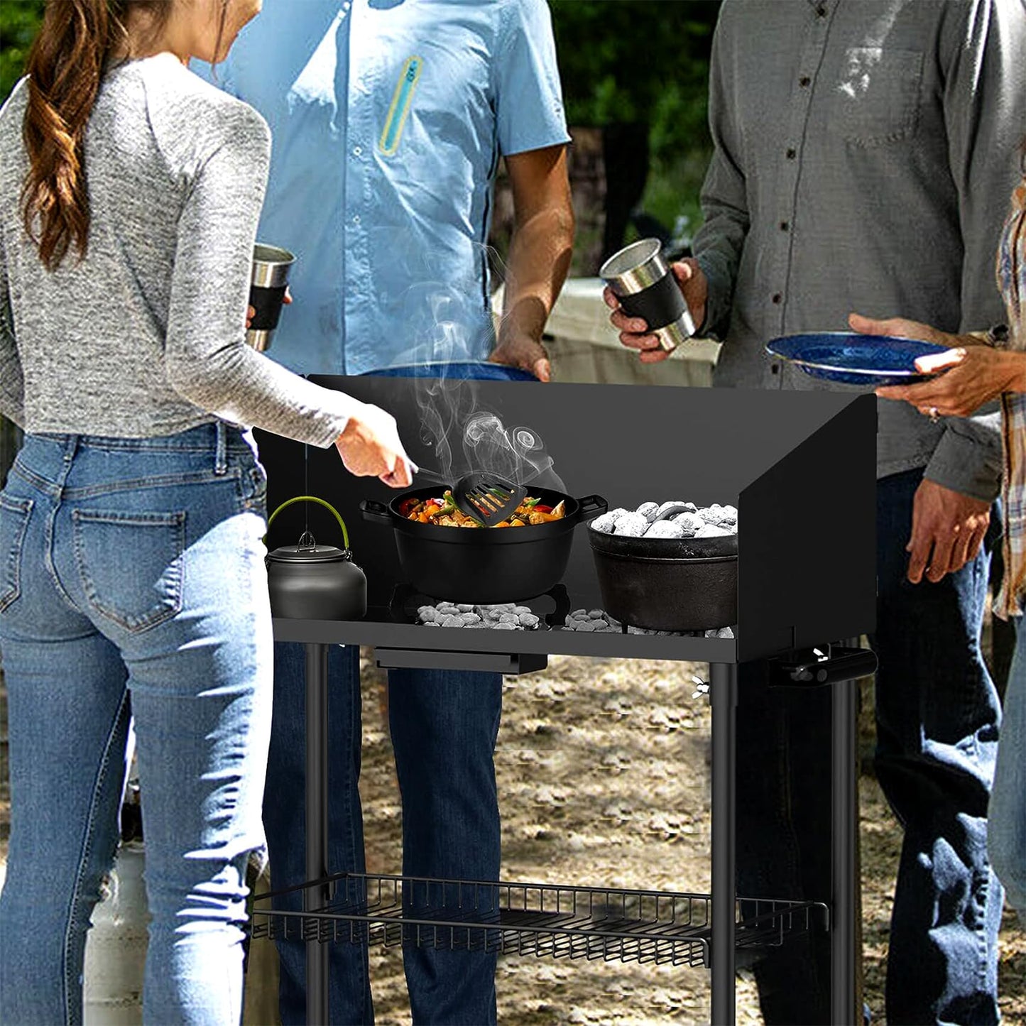 onlyfire Outdoor Camp Cooking Table for Dutch Ovens and Food Preparation, Collapsible Grill Table Camping Kitchen Station with Side Windscreen & Storage Basket for Backyard BBQ Picnic RV