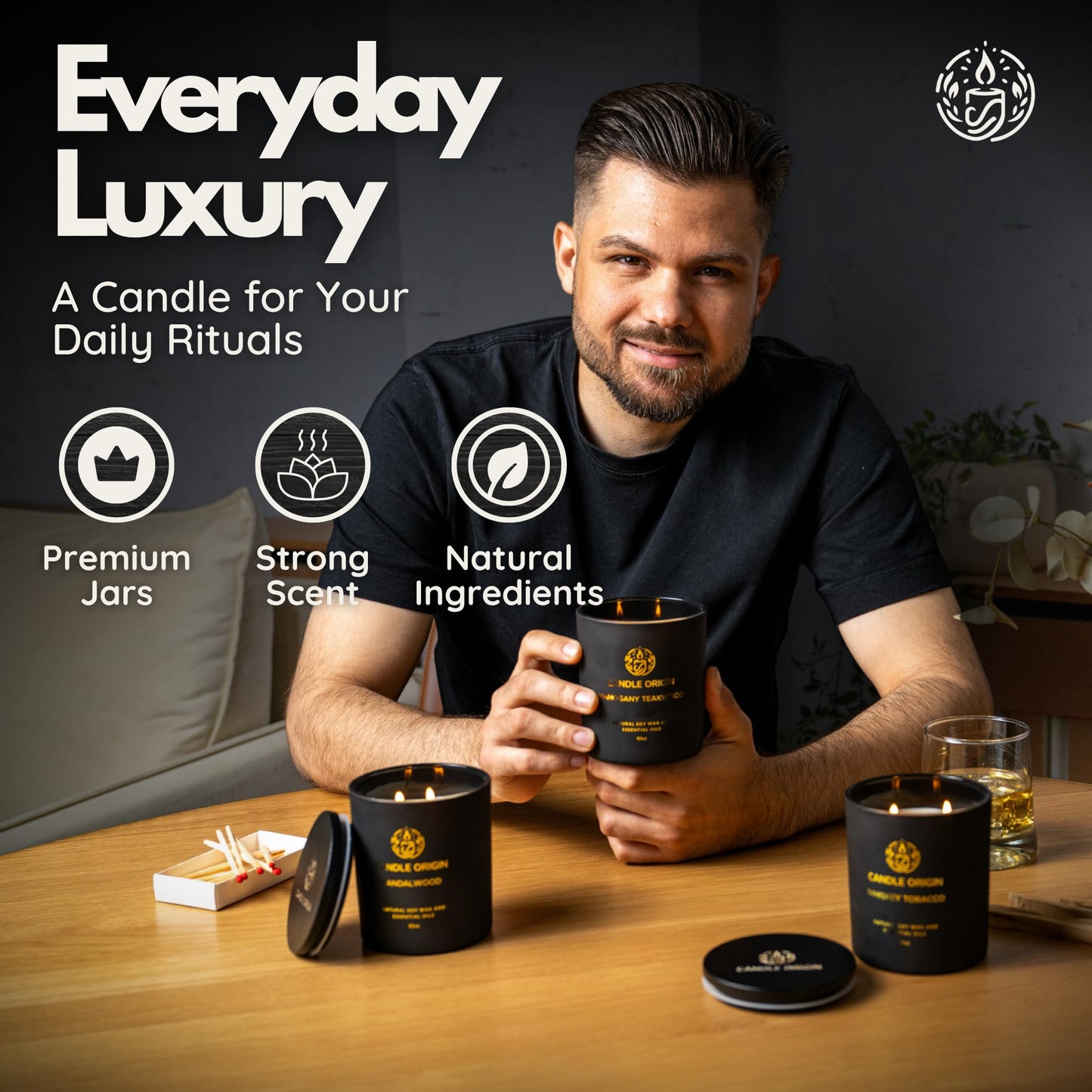 Luxury Candles for Men Gift Set (3×10oz) – Strong Masculine Scents (Mahogany Teakwood, Whiskey Tobacco, Sandalwood) – Long Lasting Soy Candles for Home, Man Cave Decor, Gifts for Him