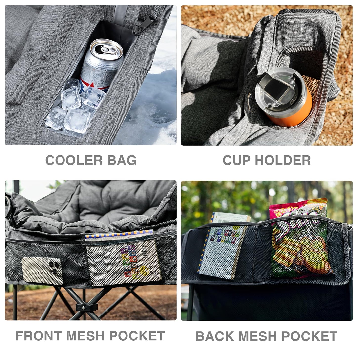 EVER ADVANCED XL Camping Chair with Detachable Cushion, Mesh Chair for Adults Foldable, Oversized Heavy Duty Folding Chair with Cooler Mesh Pocket Cupholder Outdoor Fishing, Supports 400LBS Grey