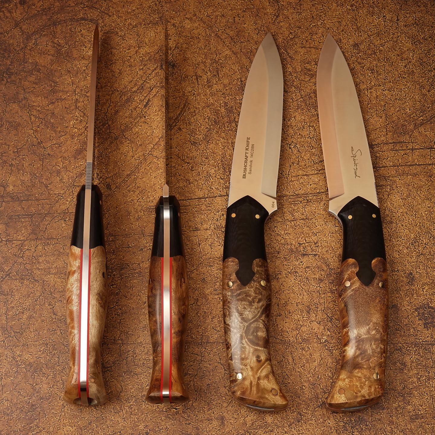 SPIRIT DEED hand forged outdoor camping hunting knife with leather sheath and flint, Sandvik 14C28N steel blade, ergonomic white shadow wood handle