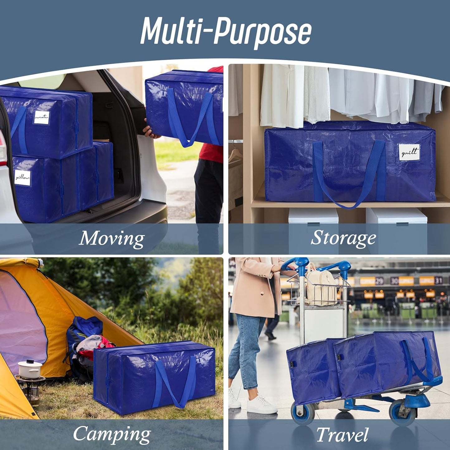 Regine Switzerland 6-Pack Extra Heavy Duty Moving Bags - Strong Zipper & Comfortable Handles, Durable Storage Totes in Blue