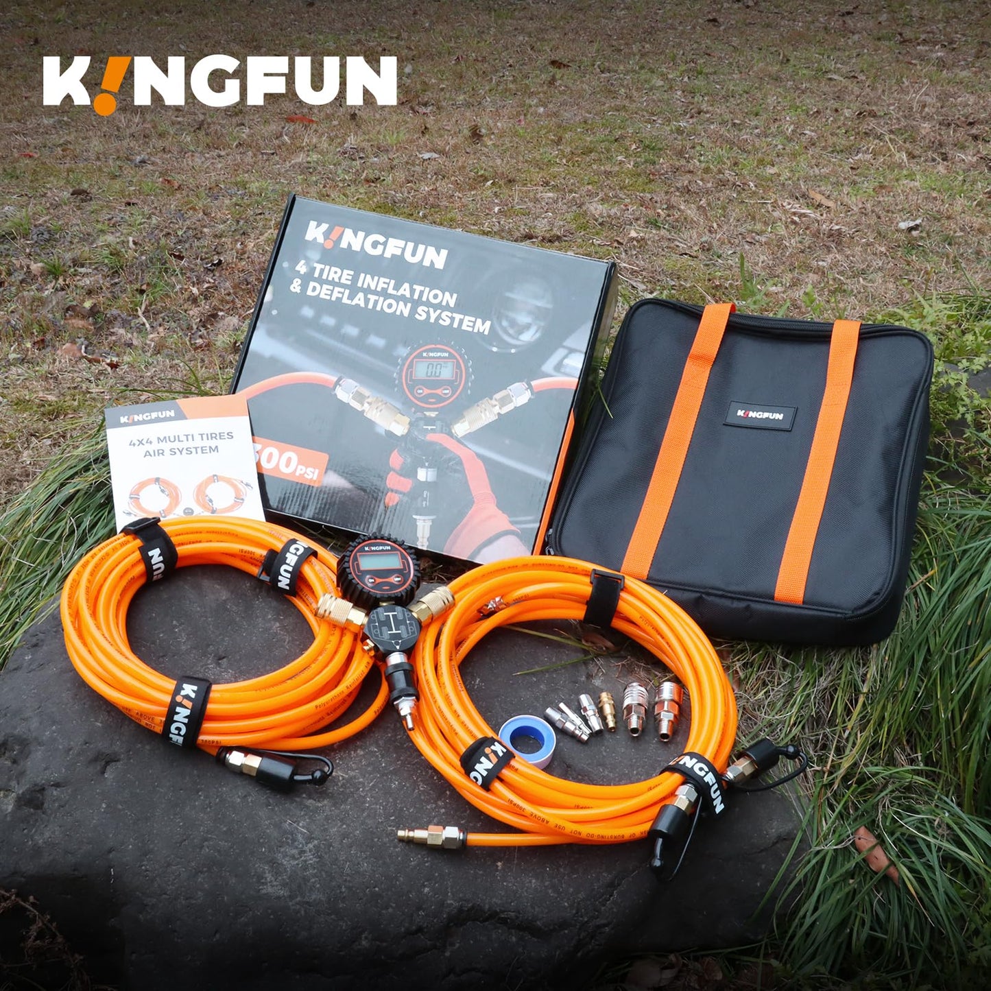 Kingfun 4 Tire Inflation & Deflation System, Rapid High Flow 4 Way Tire Inflator Hose Kit with Digital Pressure Gauge, Fits Up to 220" Wheelbase for Off-Road, Jeep, Truck, SUV