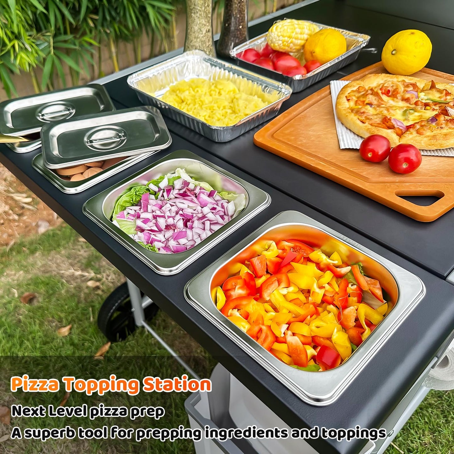 Pizza Oven Table Grill Cart with Topping Station, Grill Table Stand with Wheels for Ninja, Blackstone Griddle, Ooni, Gozney, Cuisinart, Heavy Duty BBQ Prep Cart with Storage Shelf and Hooks