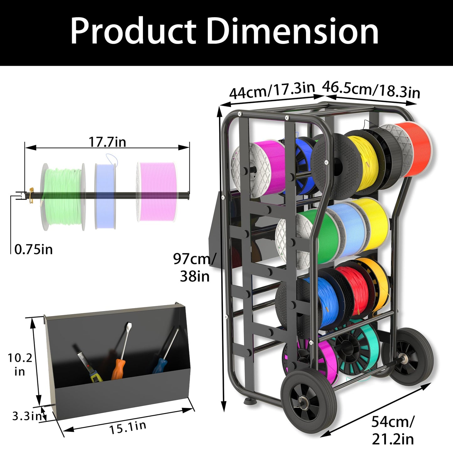 Wire Spool Rack for Wire Spool, Portable Wire Rack Dispenser with Wheels, Automotive Wire Storage, Multi-Spool Wire, Cable Dispenser, Electrical Wire Spool Holder Cart with Storage Tray (Black)