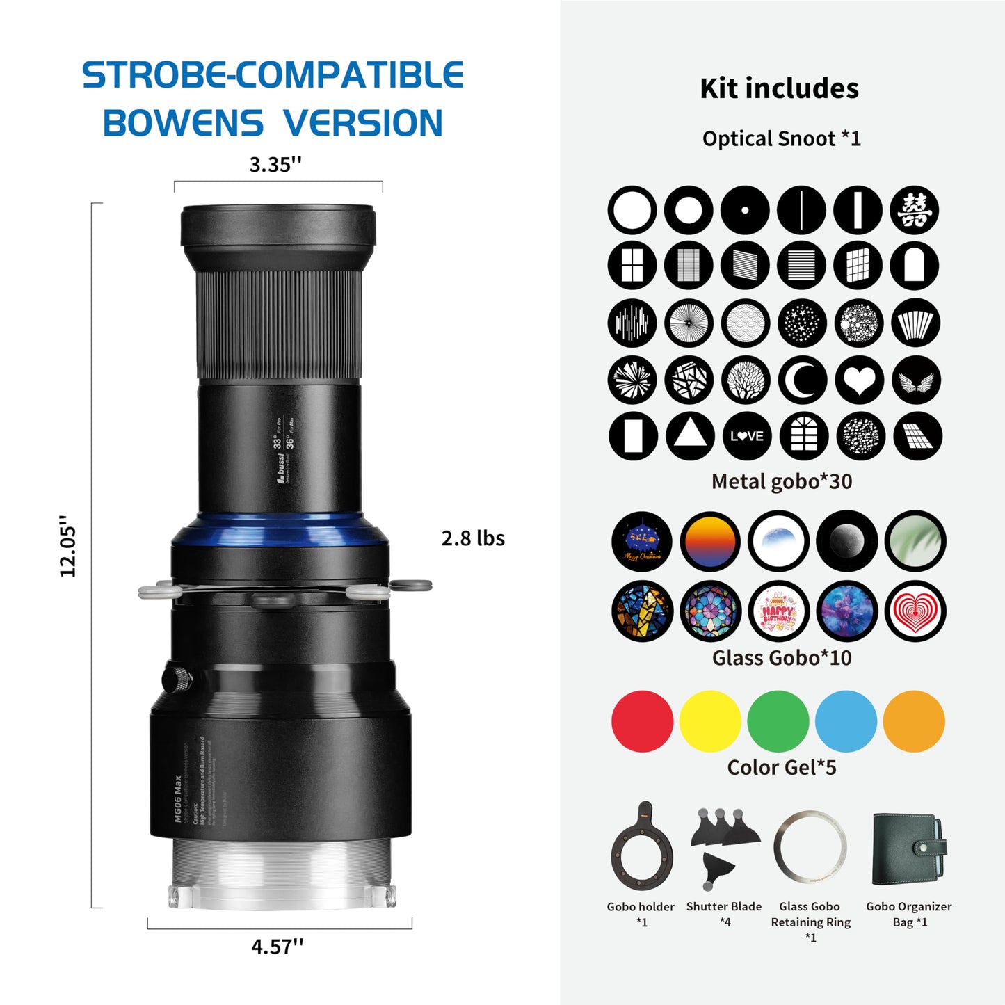 Bussi MG06 Max Bowens Mount Snoot with 40 Gobos, 36° Lens Optical Snoot Spotlight for Photography Video Shape Light Studio,GOBO Light, Strobe Bowens Mount