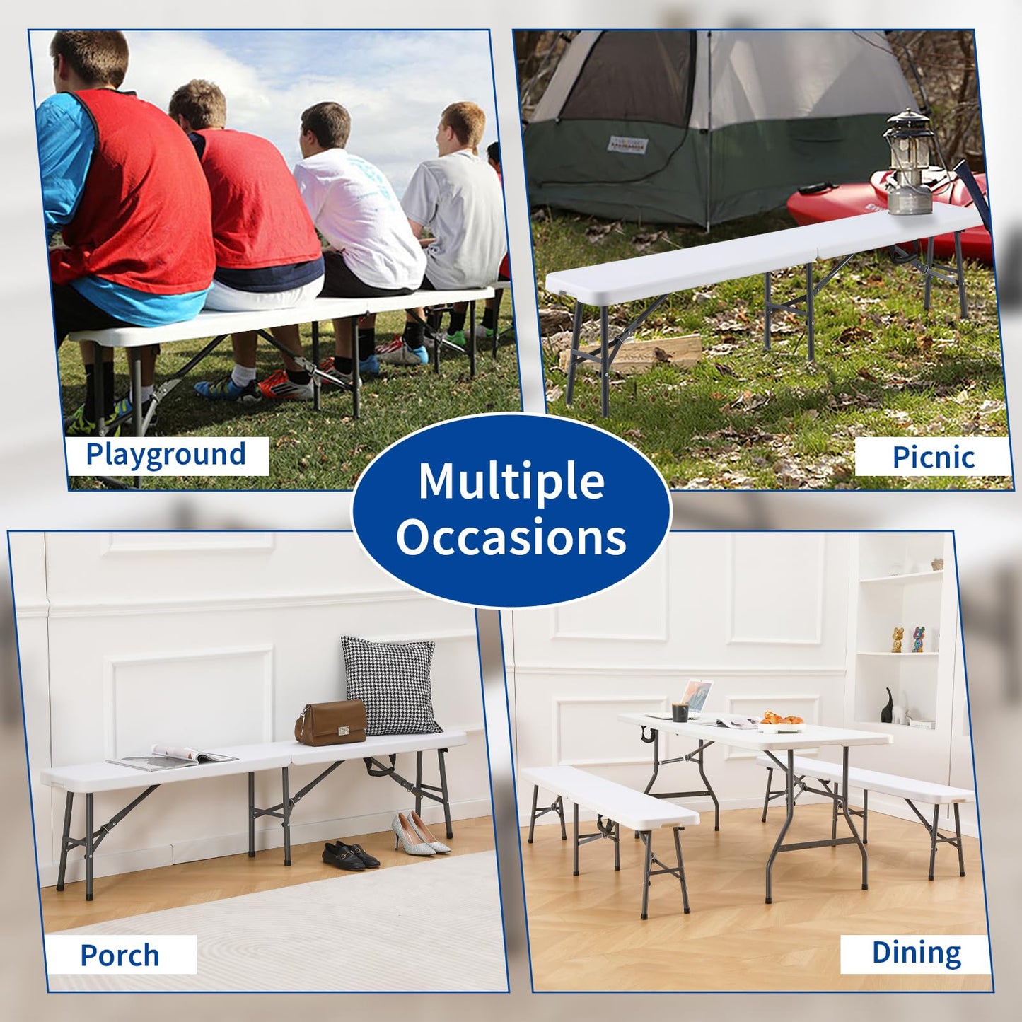 KAIHAOWIN 6FT Plastic Folding Bench White with Carrying Handle Indoor/Outdoor Portable Seat for Picnic, Camping, Dining, Party- 2 Pack
