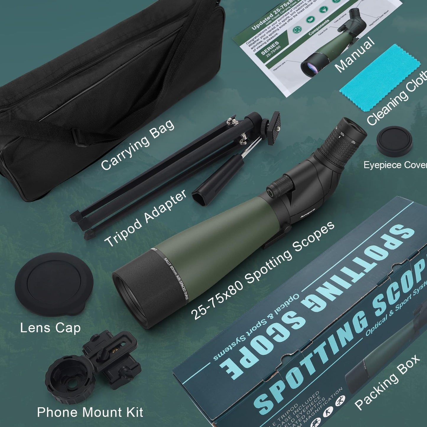 Aurosports 25-75X80 Spotting Scope with Tripod - BAK4 High Definition Waterproof Spotter Scope for Target Shooting Hunting Bird Watching, Scopes with Carrying Bag and Scope Phone Adapter (Green)