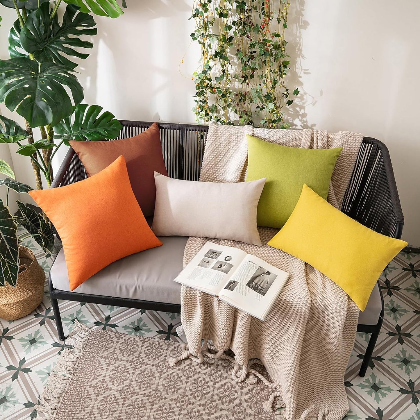 MIULEE Decorative Outdoor Throw Pillow Covers - Waterproof Faux Linen Cushion Cases | 26x26 Inch Orange, Set of 2