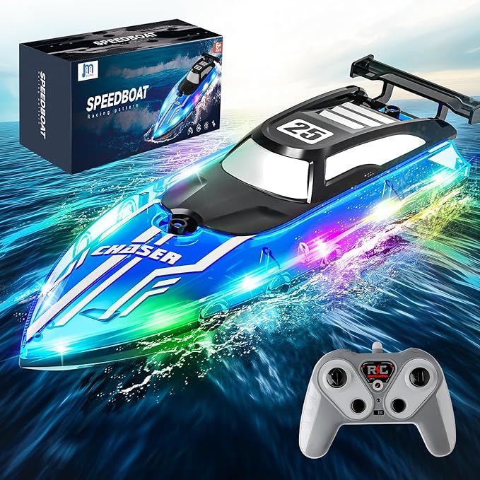 RC Boat for Kids with LED Lights 2.4Ghz Remote Control Racing Boats for Ages 8-12Toy Water Boat for Pools & Lakes with WaterproofRechargeable Battery for Boys Girls Blue