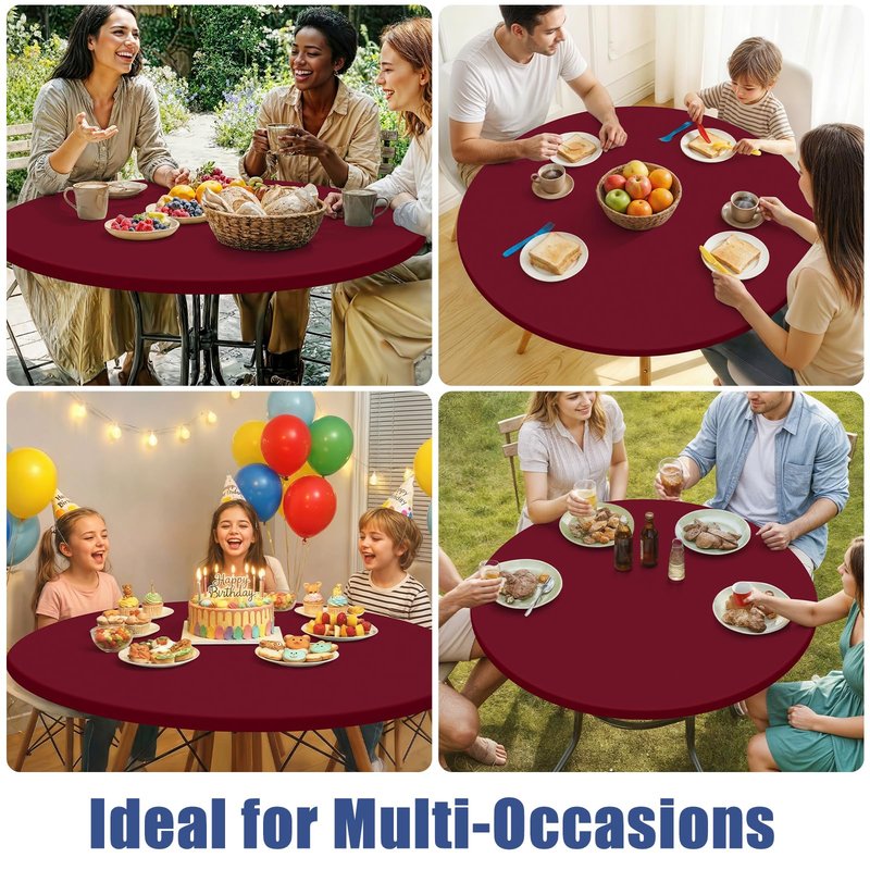 Moosfor Round Spandex Tablecloth, Elastic Fitted Waterproof Tablecloths for 57"-68" Tables, Stretch Washable Picnic Table Cover for Camping, Dining, Indoor and Outdoor, Wine Red