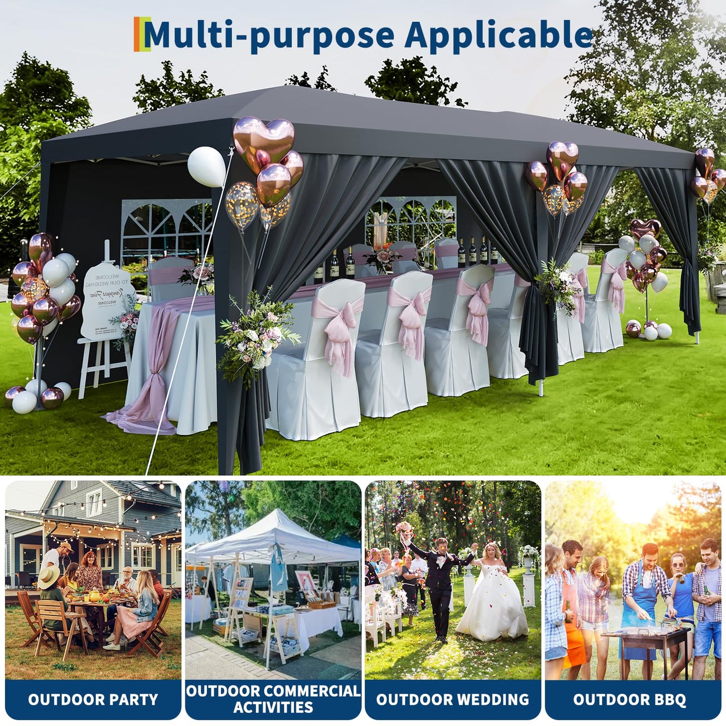 10x20 ft Pop Up Canopy Tent with 6 Removable Sidewalls, Easy Up Commercial Party Tent, 3 Adjustable Heights, Heavy Duty Waterproof Outdoor Canopy with Stakes & Ropes for Events, Wedding, Market