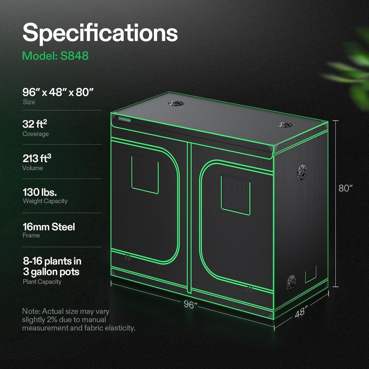 VIVOSUN S848 4x8 Grow Tent 96"x48"x80" High Reflective Mylar Tents with Observation Window and Floor Tray for Hydroponics Indoor Plant for VS4000/VSF4300