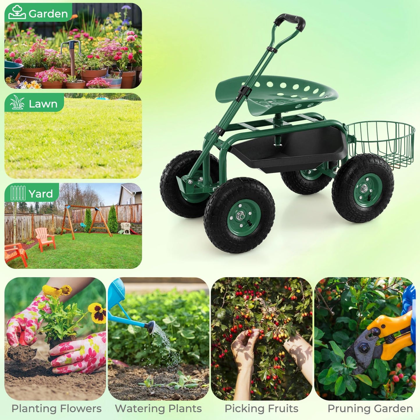 DORTALA Heavy Duty Garden Cart Work Seat w/360 Swivel Seat and Storage Basket, 4-Wheel Rolling Planting Cart w/Tool Tray Extendable Steering Handle Height Adjustable Seat for Gardening, Green