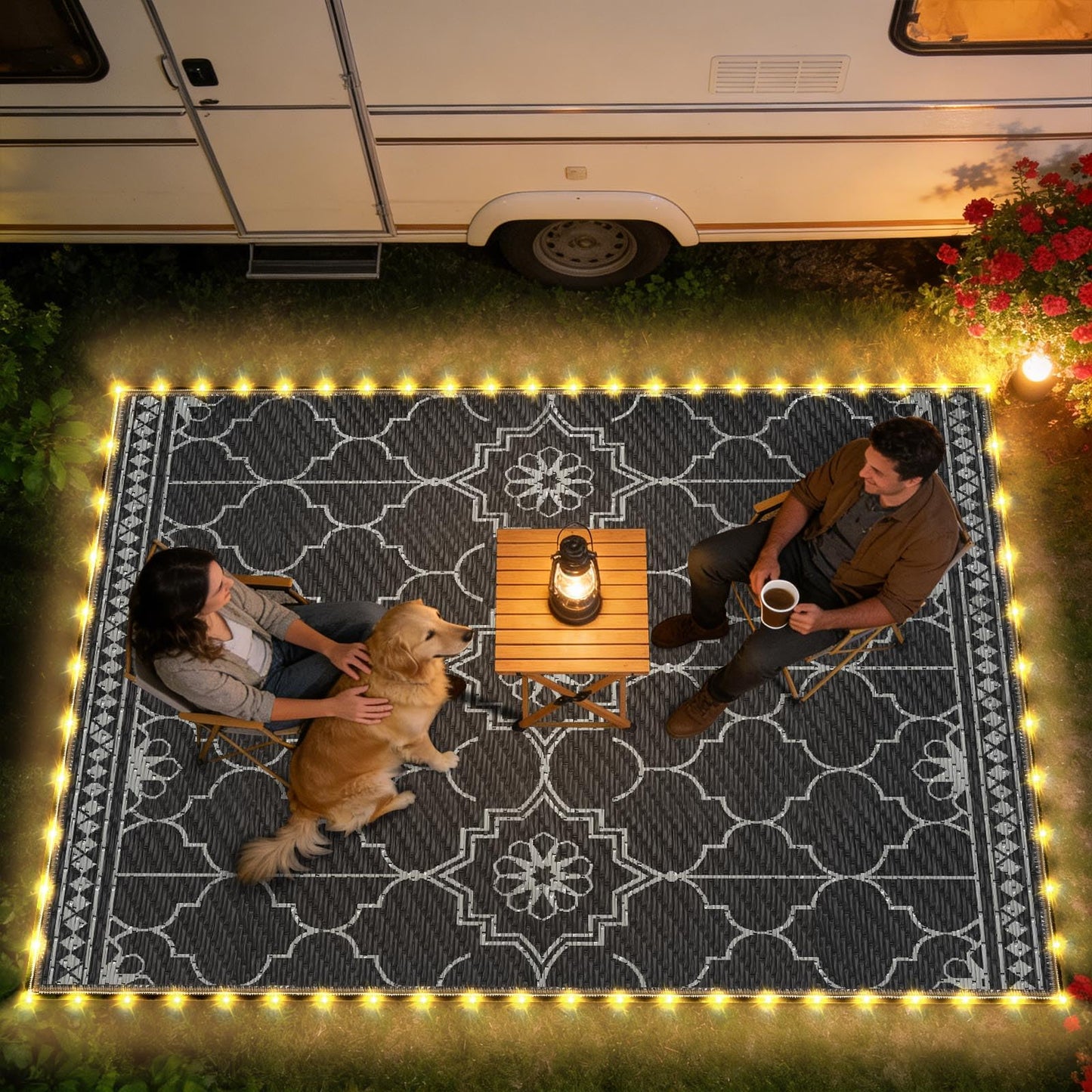 9x12Ft Outdoor Rug, Solar Powered Outdoor Rug with 131LEDs Strip Lights for House Deck, Waterproof Plastic Reversible Outdoor Straw Rugs, Rugs Mat RV Camping Patio Beach Balcony Picnic (Black Gray)