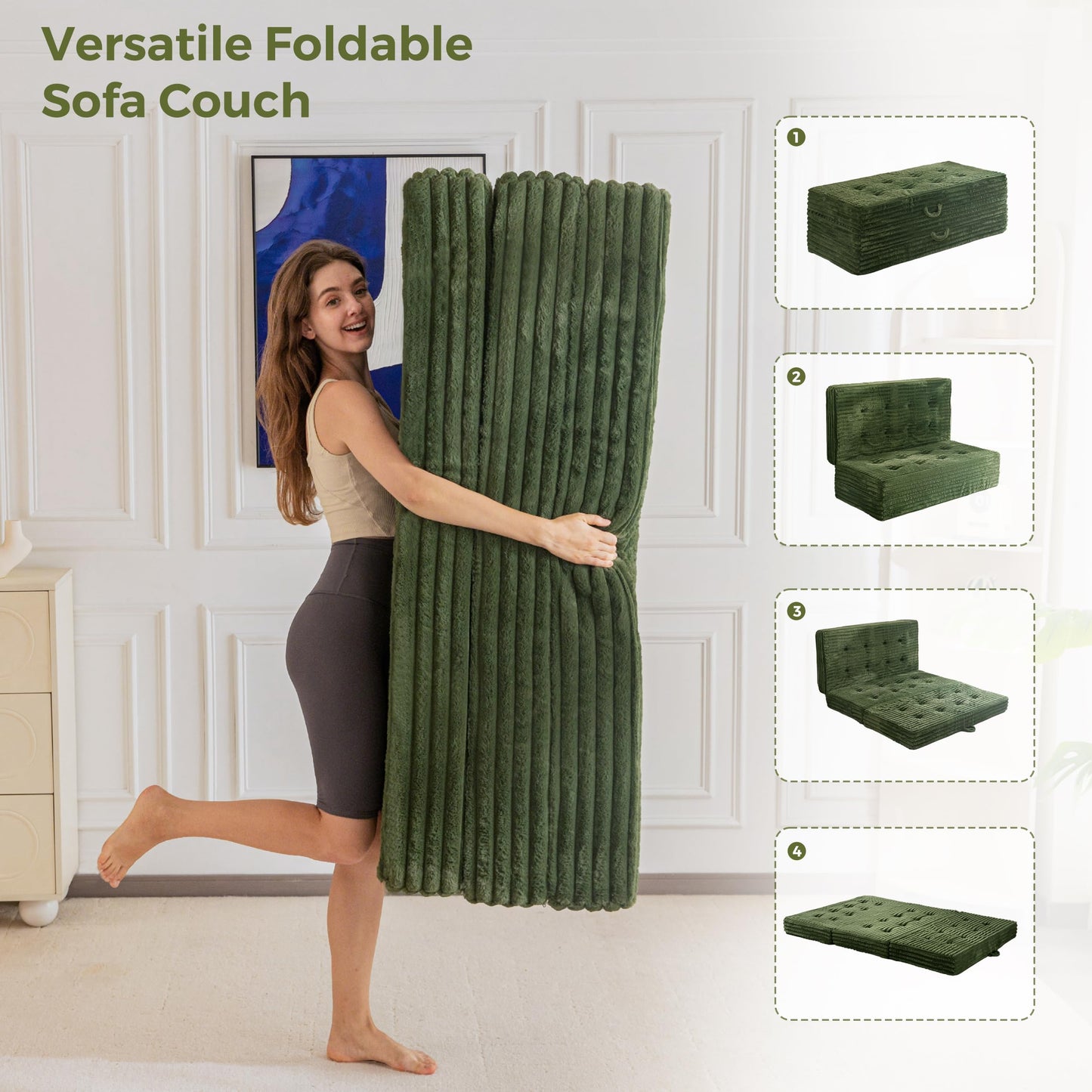 MAXYOYO Floor Sofa Couch, 6 Inch Tri-Fold Floor Sofa Bed, Folding Couch with Handles, Soft Faux Fur Folding Bed with Supportive Foam Filling, Portable Sofa for Living Room, Full, Dark Green