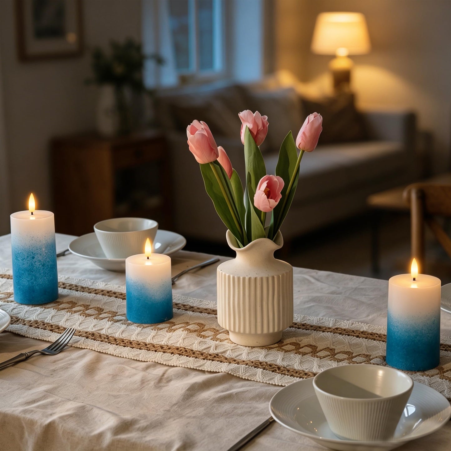 AFINETH Blue Gradient Flameless Pillar Candles, Real Wax LED Candles with Remote & Timer, Battery Operated Decorative Candles for Coastal Home Decor, Set of 3