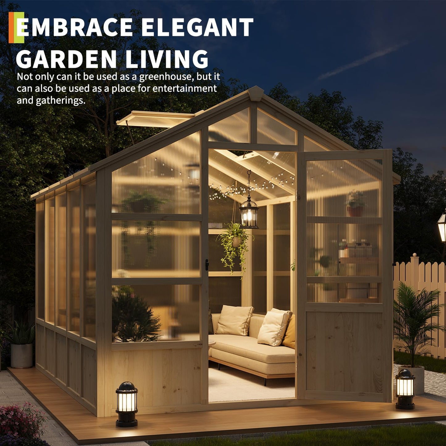 10x8FT Greenhouses for Outdoors, Wooden Greenhouse with Lockable Door, Wood Frame & Adjustable Vent, Polycarbonate Panel Heavy Duty Greenhouse for Outside, Garden, Yard, Light Brown