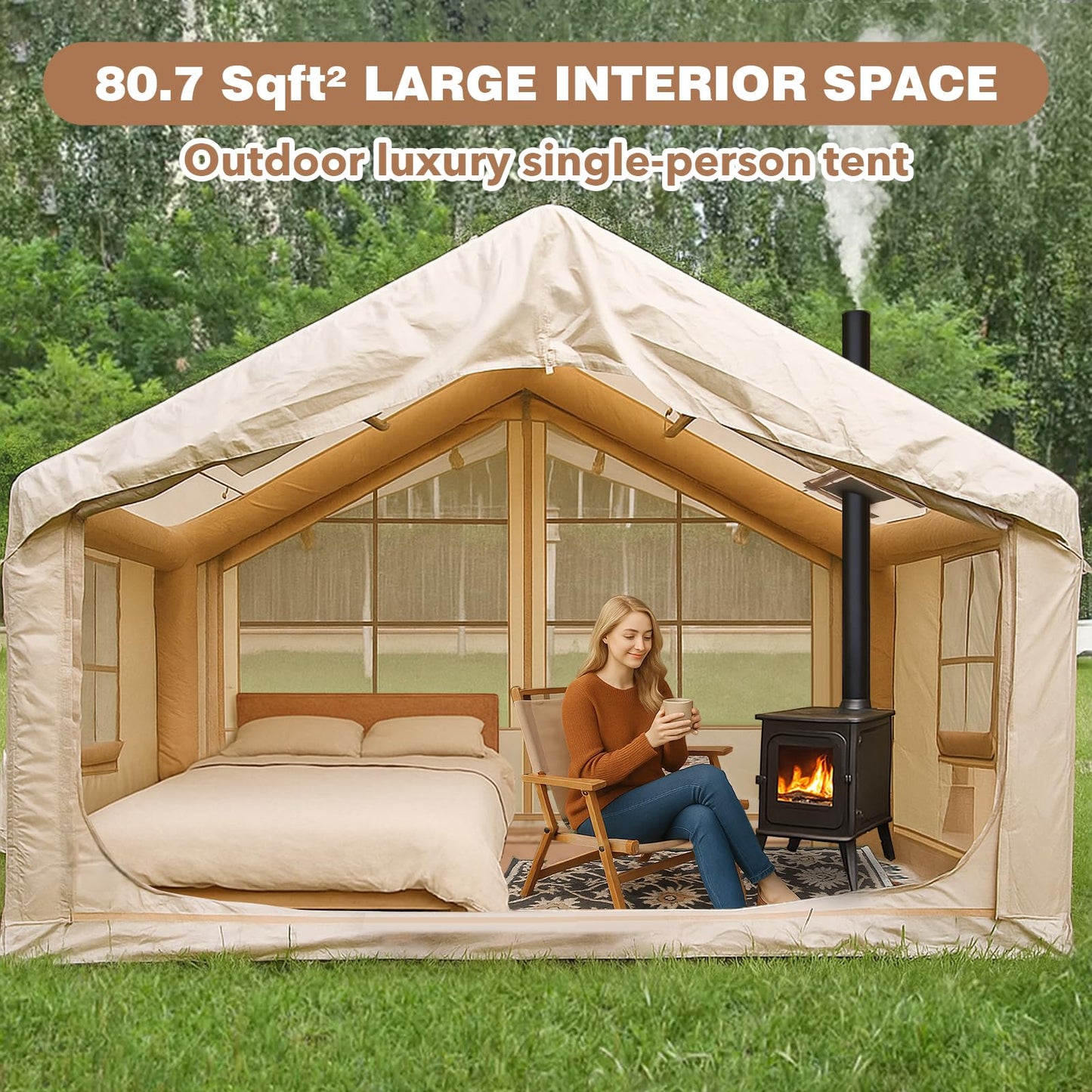 10'x 8' Inflatable Camping Tent,4 Season Blow up Tents for Camping, Large Inflatable Tent 6-8 Person, Glamping Inflatable Hot Tent with Stove Jack & AC Vent Outdoor Camping