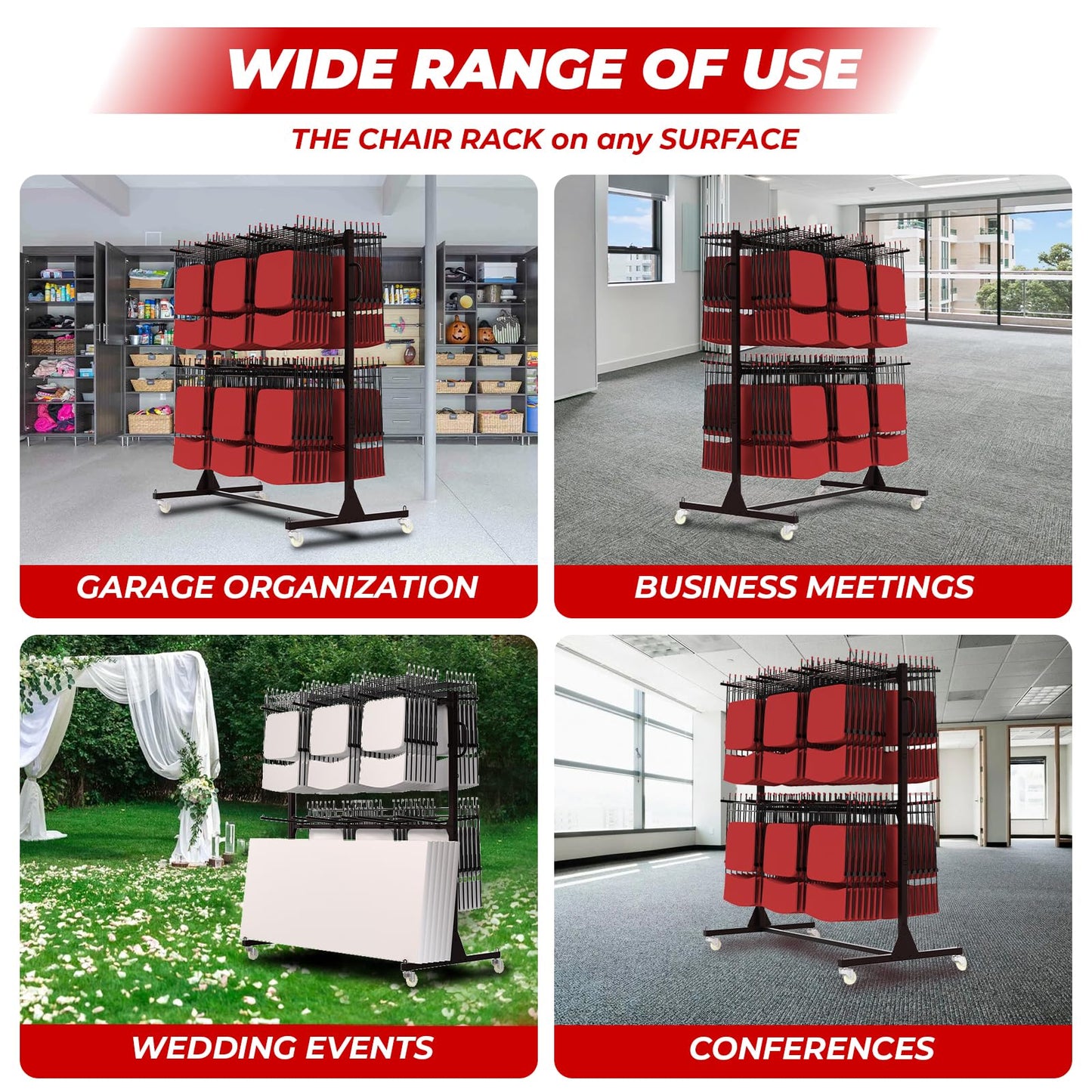 Folding Chair Rack, Heavy-Duty Folding Chair Cart with Storage Rack, 800 LBS Capacity Dual-Layer Chair Storage Dolly Holds 84 Folding Chairs or 42 Chairs+12 Table with Waterproof Cover