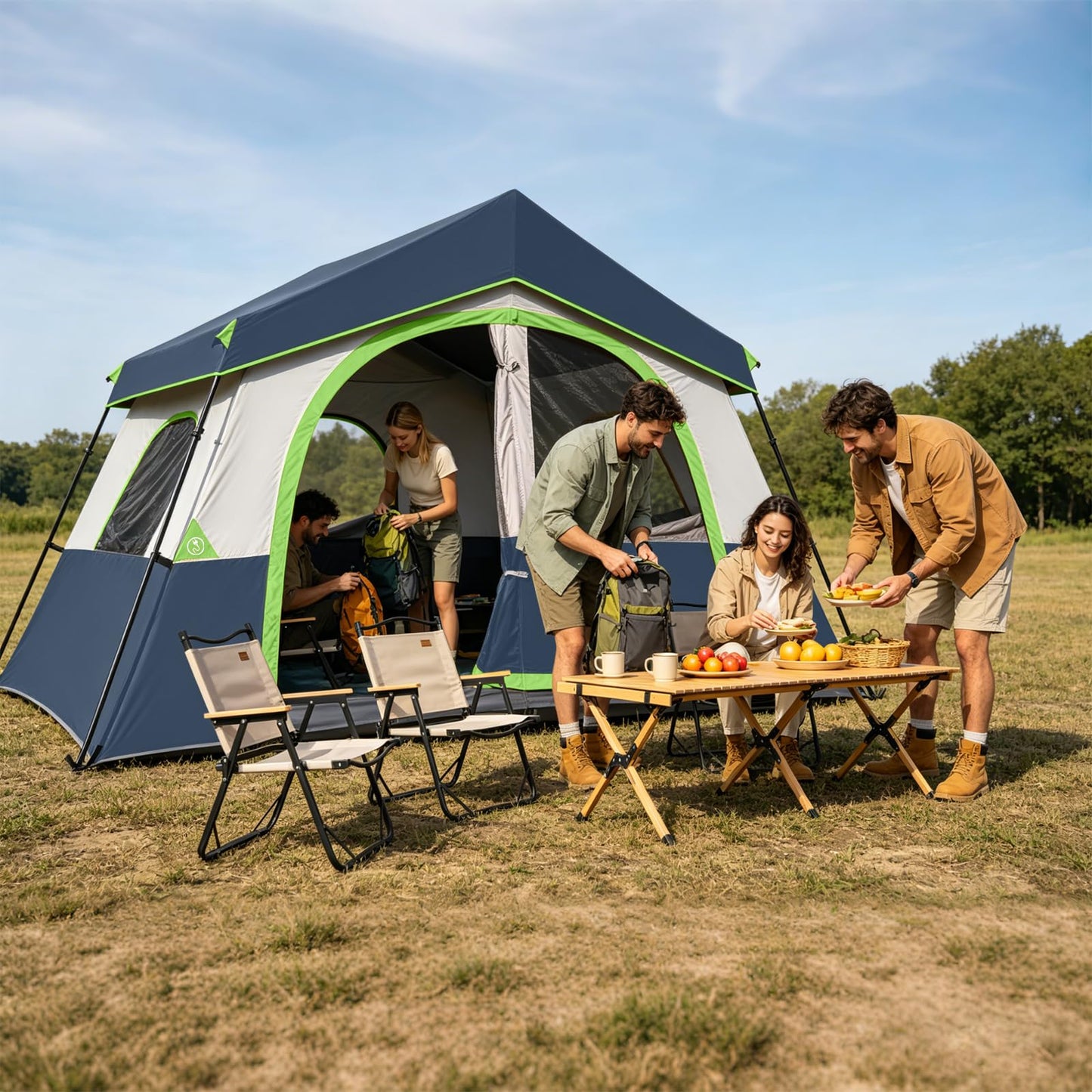 HG 8 Person Camping Tent - Portable Cabin Tent for Camp, Windproof Fabric Easy Set Up Family Tent Outdoor for Hiking, Backpacking, Traveling (Dark Blue)