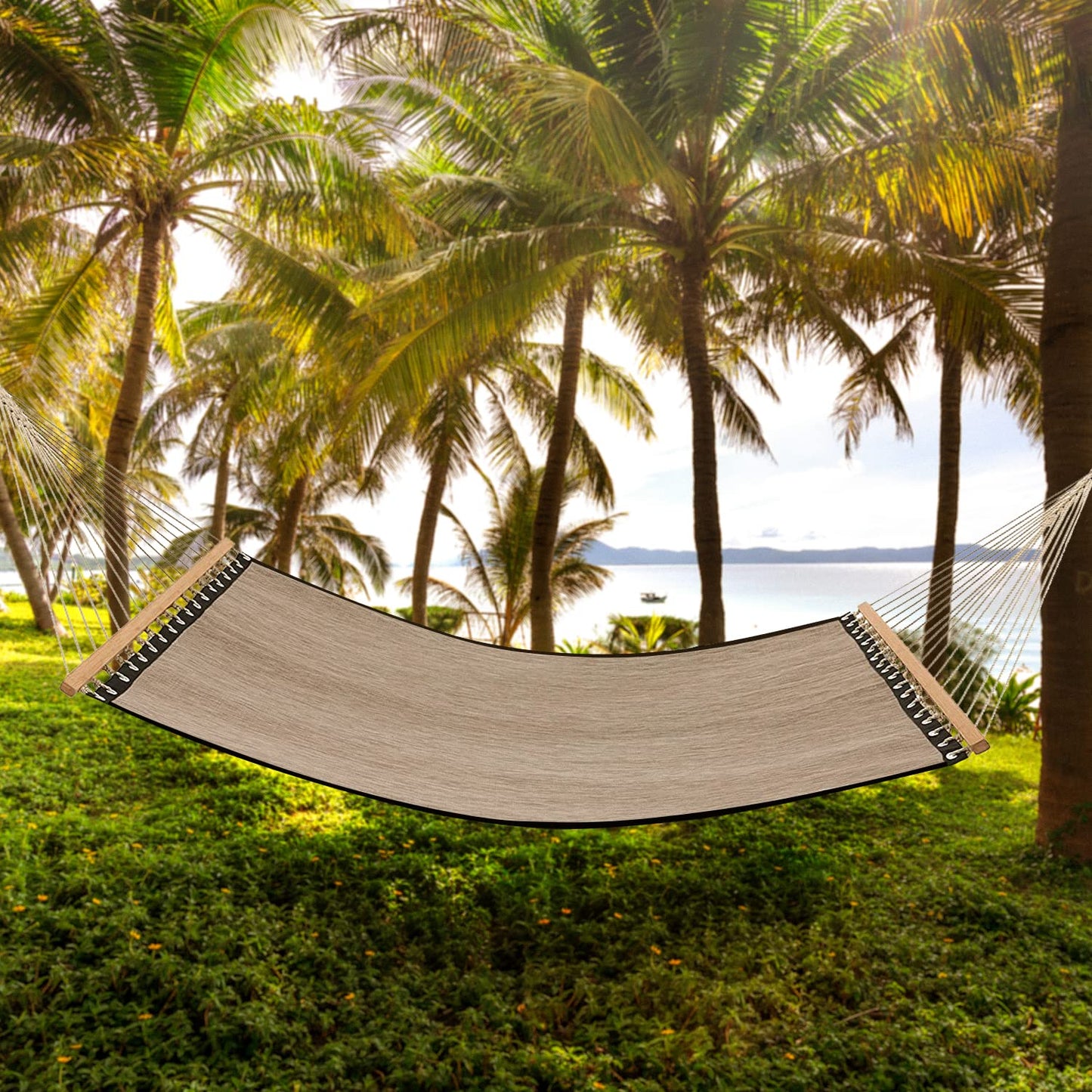 Patio Watcher 11 FT Quick Dry Hammock Bamboo Wood Spreader Bars Outdoor Patio Yard Poolside Hammock with Chain Hanging Kits and Hooks, Waterproof and UV Resistance,Mocha