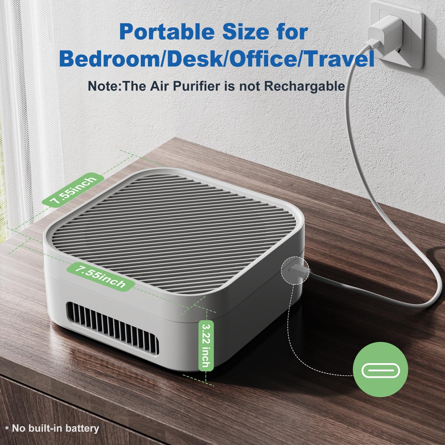 TDBYWAE Air Purifiers for Home Bedroom Up to 600 ft², True HEPA Air Purifier for Pets Dust Dander Pollen Odor Smoke, Portable Car Air Purifier for Travel(White)