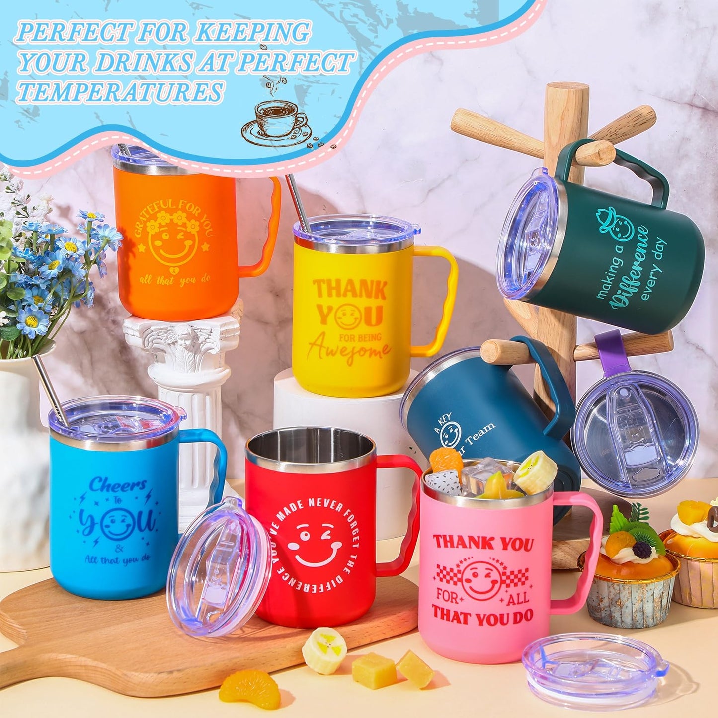 Sieral 24 Pcs CNA Week Employee Appreciation Gift Smile Face Mug Coffee Thank You for Being Awesome 17oz Camping Mug with Handle Vacuum Stainless Steel Insulated Travel Tumbler for Hot Cold Drinks