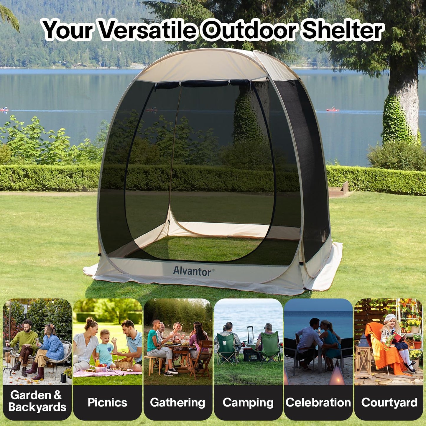 Alvantor® Screen House Gazebo, Pop Up Igloo Screened Canopy Tent with Mosquito Netting Sides,Instant UV Resistant Sun Shelter for Garden,Patio,Backyard,Beige 6 x6 FT