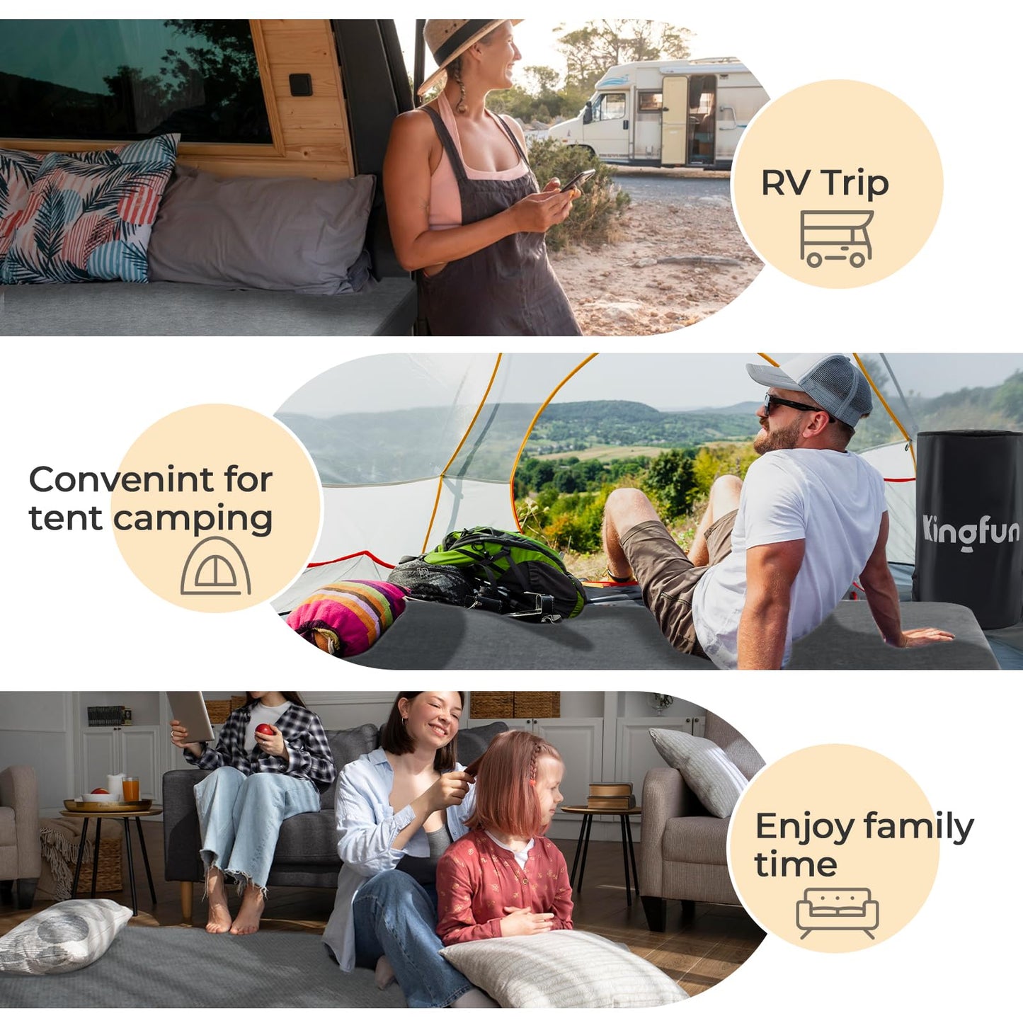 Kingfun 3 Inch CertiPUR-US Memory Foam Camping Mattress Pad, Waterproof Roll up Sleeping Pad, Thick Floor Sleeping Mats for Tent with Removable Travel Bag(Grey, Twin XL)