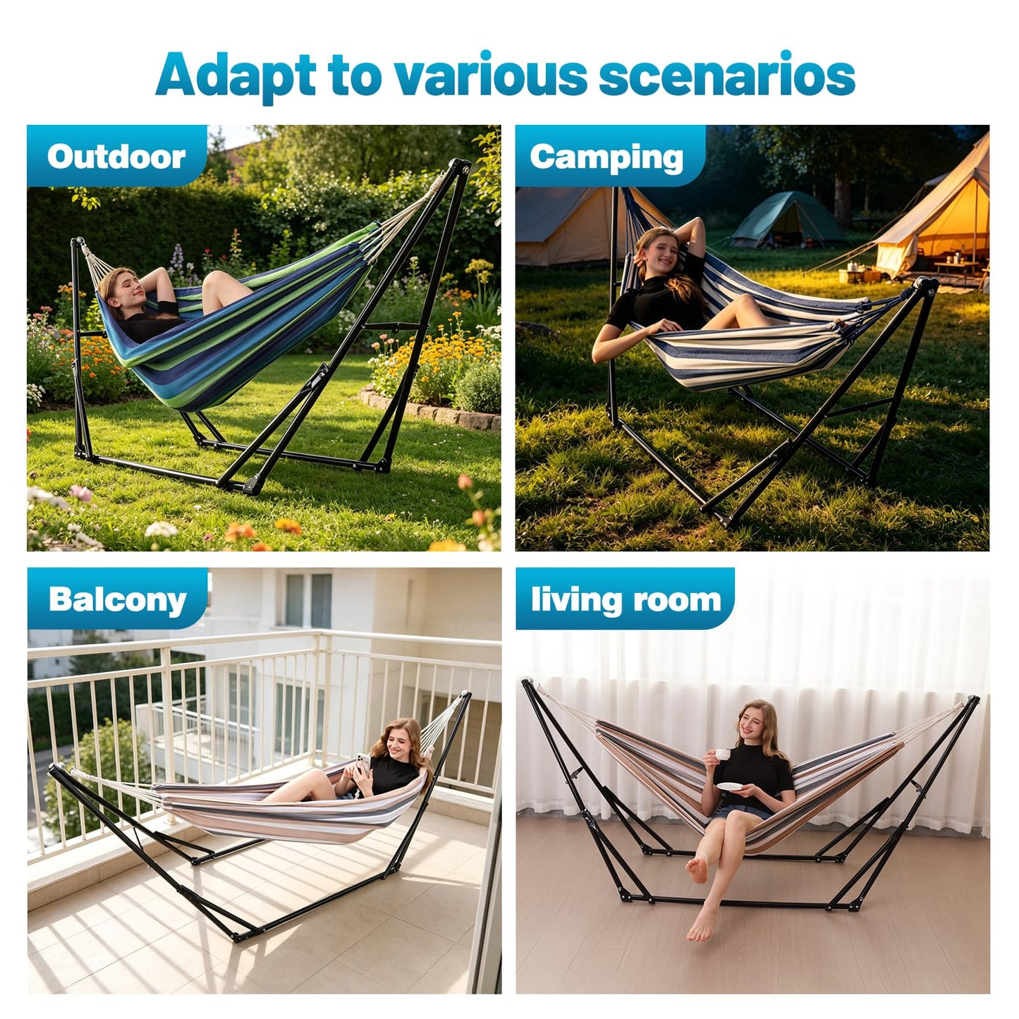 LIEVIM Portable Hammock with Stand for Outside Foldable,Frabic Tension Adjustable Indoor,Carrying Bag Included, 616 lbs Weight Capacity, Suitable Garden Yard Outdoor Inhouse Cyan
