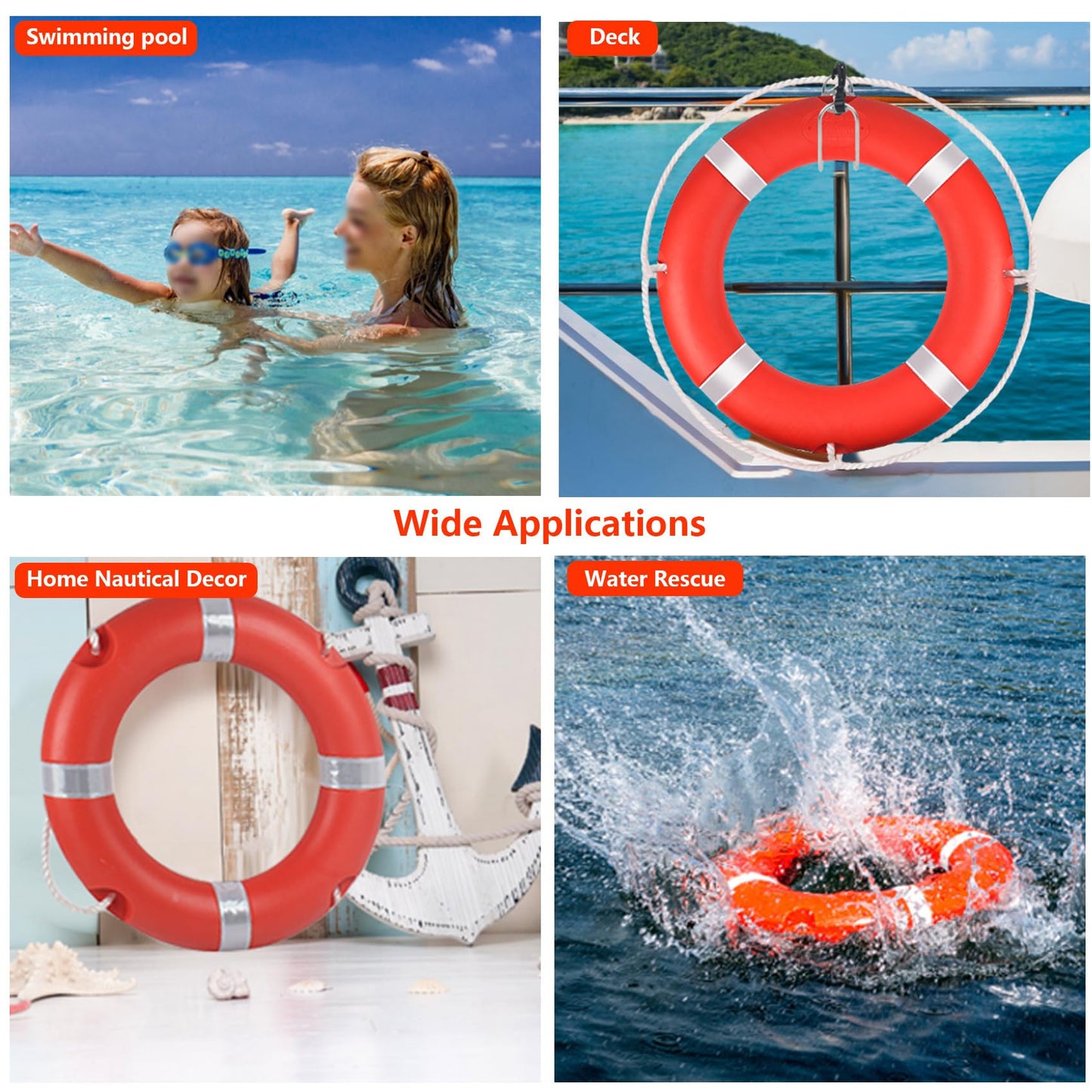 Life Ring, 28" Boat Safety Throw Rings with 98.5 FT Floating Rescue Rope, Pool Life Ring with Reflective Tape, 2 Pack, Orange