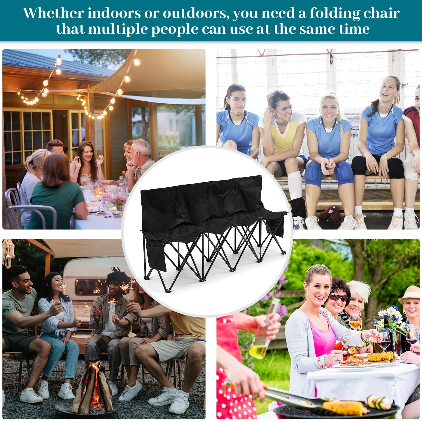 Kigley 2 Pack 4 Seat Folding Soccer Bench, Portable Sports Bench with Carry Bag and Side Pockets, 8 Person Sideline Chairs for Football Basketball Camping Practice Games(Black)
