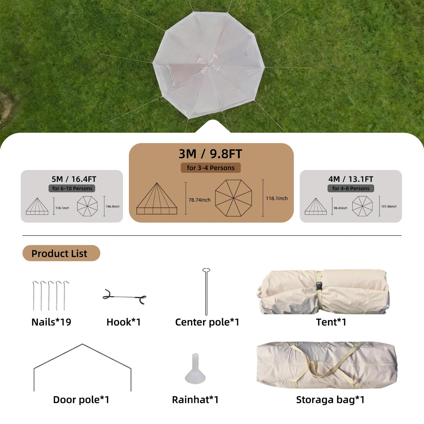 KEIKI 4 Season Canvas Bell Tent 9.8 FT Waterproof All Weather Glamping Yurt Tent, Luxury Hot Tent Stove Jack, Breathable Compact Family Camping Teepee for 4 People Outdoor Music Festival Party, Green