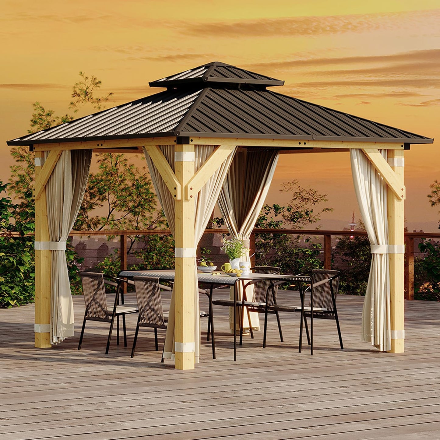 10x10 ft Wood Gazebo, Upgrade Spruce Frame and Double Galvanized Steel Roof, Hardtop Gazebo