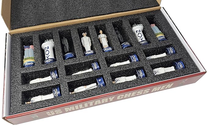 US Military Chess Set Army Navy Air Force or Marines. Choose 2 Branches of Men with 17 inch Walnut Color Storage Board (Army vs Navy)