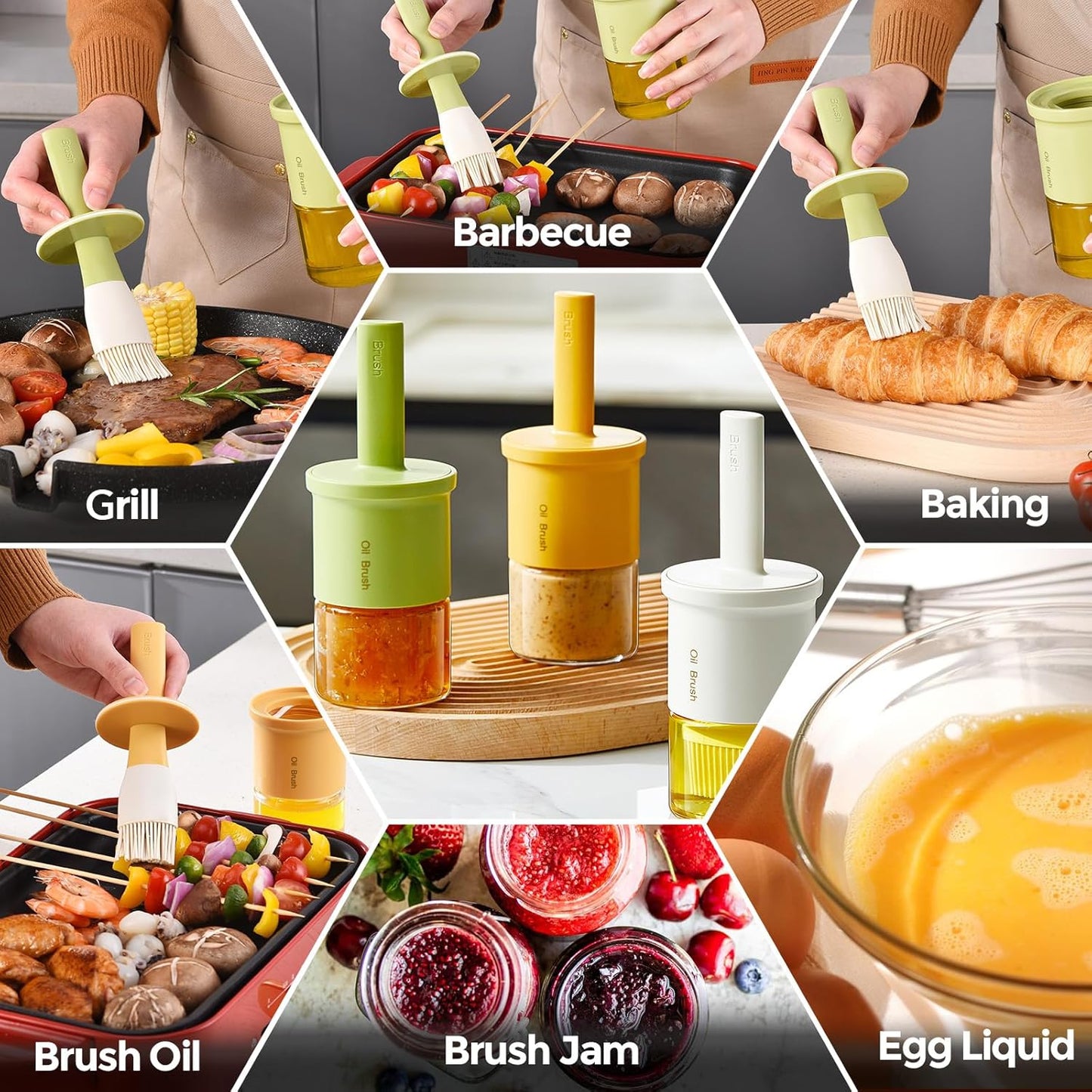 YARRAMATE Glass Oil Dispenser with Brush - 300ml Kitchen Bottle & Heat Resistant Silicone Basting Brush - Creamy White