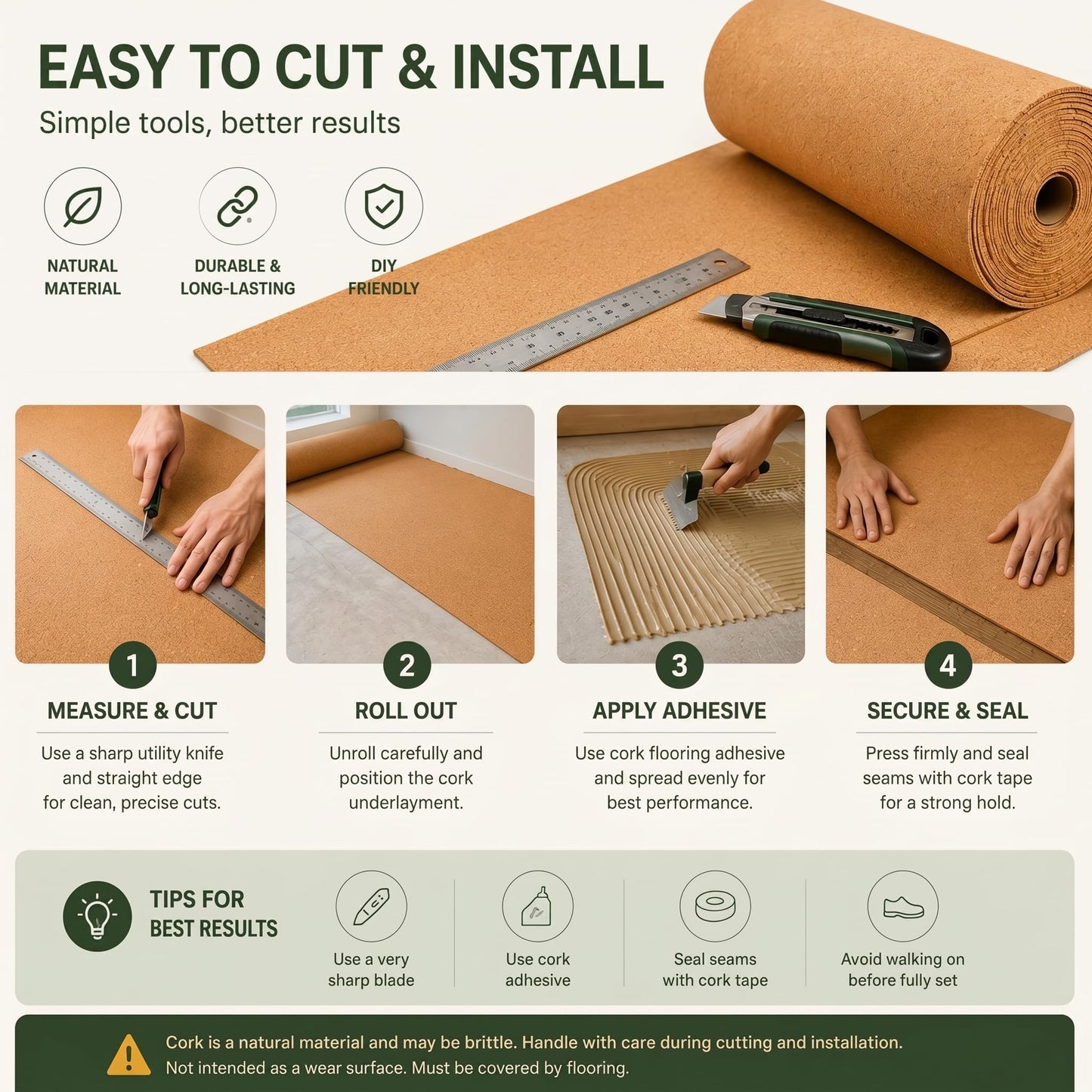 200 Sq. Ft. Cork Roll 48 x 600 Inch Cork Underlayment Roll Sound Insulation Mildew and Moisture Proof for Office Home School DIY Supplies(3mm Thick)